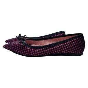 PRETTY BALLERINA ELLA BLACK FUCHSIA PINK HOUNDSTOOTH FRONT BOW FLAT SHOES - 9,5
